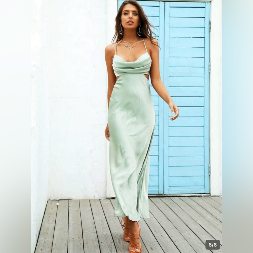 Silk-Feel Sage Green Cowl Cutout Maxi Dress